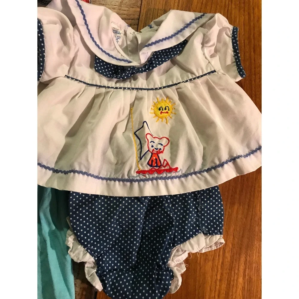 Vintage Baby or Doll Clothes Sailor Dress, Train Top, Turquoise Pants - 6 Months